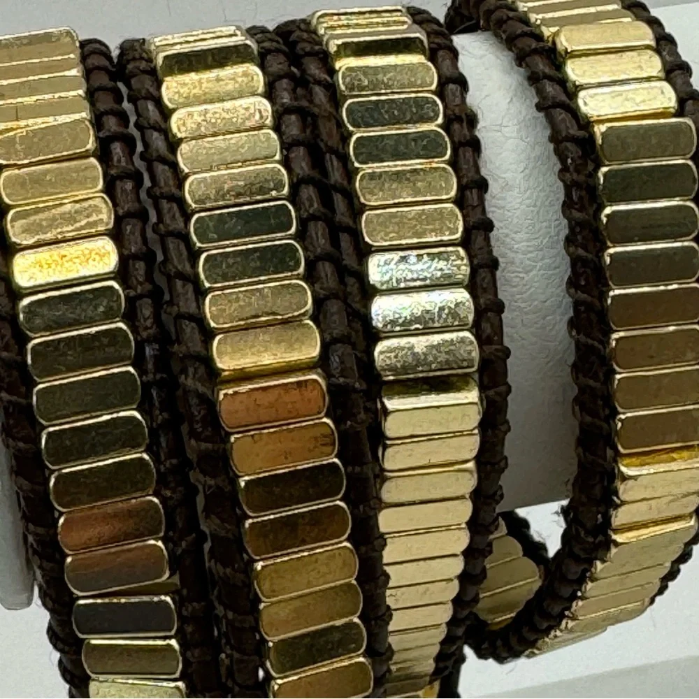 Marlyn Schiff gold tone bar bead brown leather wrap bracelet
